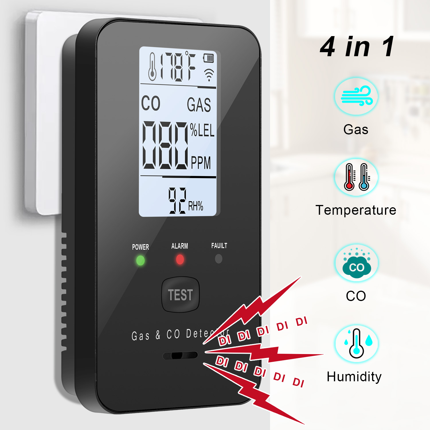 Co Detector Plug - Aardgas- en koolmonoxidedetector, plug-in koolmonoxidemelder, propaan,